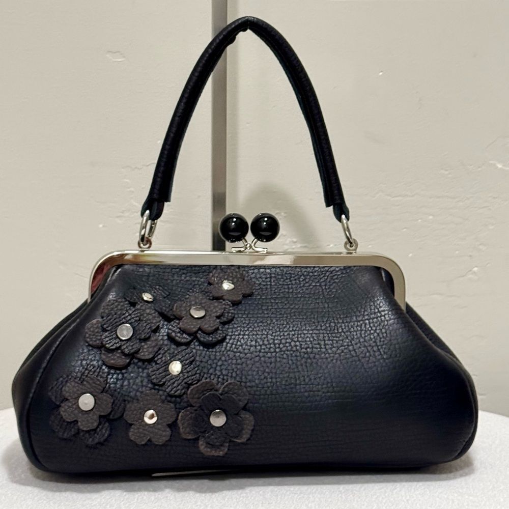 Handmade Attached Leather Flowers & Deer Hide Leather Kisslock Bag/Multi Use Bag